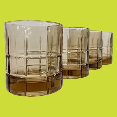 Vintage Anchor Hocking Whiskey Glasses Retro 1970s Contemporary + Tartan Brown Glass + Manchester + Set of 4 + Rocks Glass + MCM Barware 