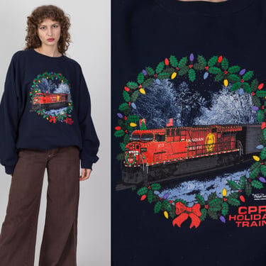90s Canadian Pacific Holiday Train Sweatshirt - Men's 2XL | Vintage Navy Blue Graphic Pullover 
