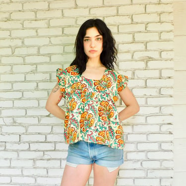 Indian Floral Blouse // vintage 70s boho cropped crop top dress hippie yellow 70's 1970's 1970s Indian hippy // S/M 