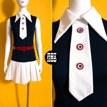 ICONIC Vintage 60s 70s Navy Blue Mini Dress with Huge Dagger Collar & Tie 