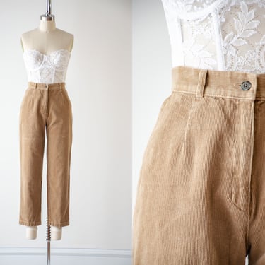 high waisted pants | 90s vintage L.L. Bean tan beige corduroy dark academia straight leg cropped ankle trousers 