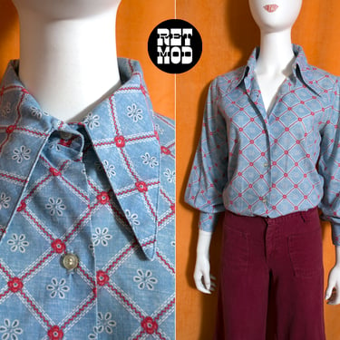 Comfy Chic Vintage 70s Light Blue & Red Patterned Cotton Blouse with Pointy Dagger Collar 