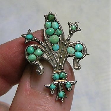 Victorian Pavé Turquoise Gemstone Fleur De Lis 800 Silver Brooch Pin, Turquoise Fleur de Lis Pin (#4232) 