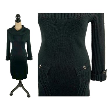 Y2K Black Knit Sweater Dress XS, Wide Cowl Neck Long Sleeve Wool Blend, Casual Winter Midi Dresses, 2000s Clothes for Women 