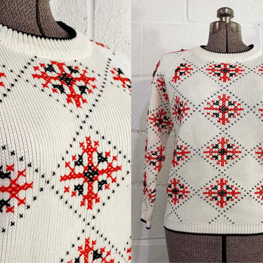 Vintage Snowflake Sweater Pullover Black White Red Long Sleeve Knit Twin Peaks Unisex Medium Large Hygge Raglan 1970s 70s Small Medium 