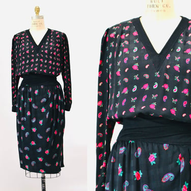 80s Vintage Miss O by Oscar de la Renta Top and Skirt Black Pink Silk Skirt and Peasant Blouse Paisley Floral Print Small Medium 