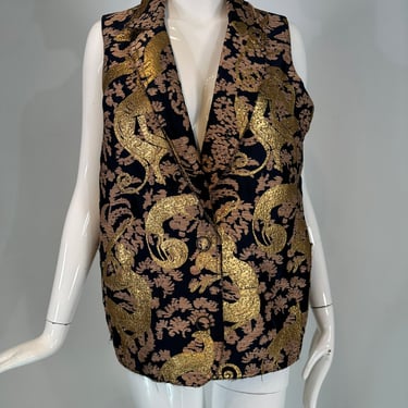 Lanvin 125 Ete 2015 Gold Brocade Monkey Oversize Vest with Pockets Cats 40