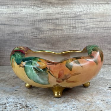 Antique Footed Nut Bowl with Hand Painted Floral Gilt Design and Gold Trim, Signed ISH 