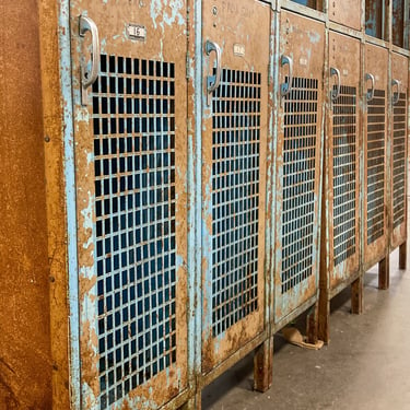Antique Metal Lockers Industrial Storage Blue Painted Steel Mesh Lockers Gym Lockers Mudroom Entryway Storage Vintage Salvage Numbers 