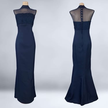 VINTAGE 90s Sheer Neckline Navy Blue Evening Dress Sz 18 | 1990s Illusion Neck Long Mother of Bride Gown | Plus Size Volup | vfg 