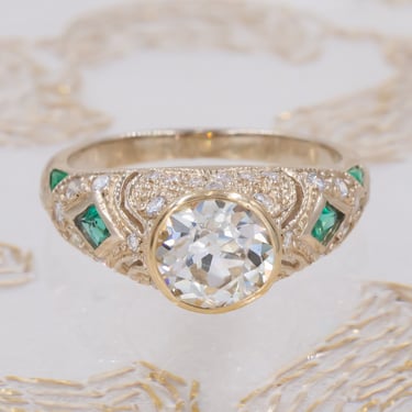 Old Euro Diamond Ring with Emeralds &amp; Pavé Sides