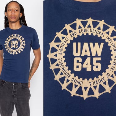 Medium 80s UAW United Auto Workers Union T Shirt | Vintage Navy Blue Local 645 Graphic Tee 