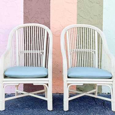 Pair of Coastal Rattan Arm Chairs