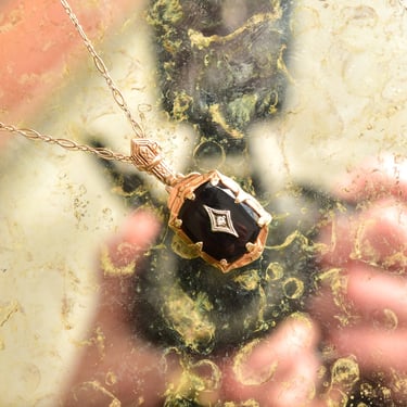 Antique 14K Black Onyx Diamond Pendant Necklace, Old Mine Diamond, Filigree Chain & Fancy Clasp, 16.5