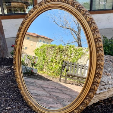 Vintage Hollywood Regency Gold Oval Framed Mirror with Wheat Detail 