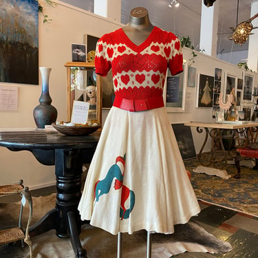 1950s circle skirt, high waist, novelty print, vintage 50s skirt, horse print, x-small, cream woven cotton, classic 50s, rockabilly style 
