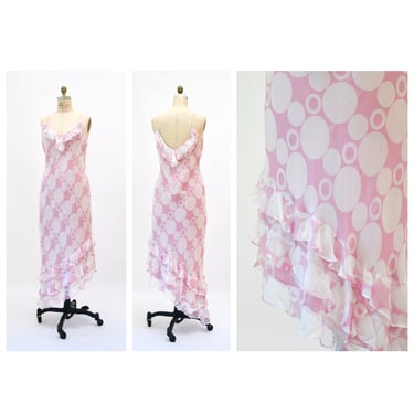 Vintage 00s Y2K Bias Cut Silk Dress By Ice Ruffle Pink white polka dot Print Silk Bias Cut Dress Large 90s 00s Y2k Silk Tank Slip Dress 