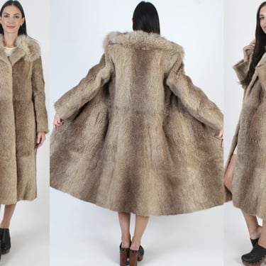 Full Length Beaver Fur Coat, 80s White Chubby Fox Shawl Collar, Long Heavyweight Winter Jacket, Huge Plush Apres Ski Overcoat 