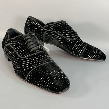 CHRISTIAN LOUBOUTIN Size 10 Black Silver Metallic Velvet Cap Toe Lace-Up Shoes