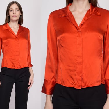 S| 90s Orange Silk Cuffed Blouse - Small | Vintage Spenser Jeremy Collared 3/4 Sleeve Top 