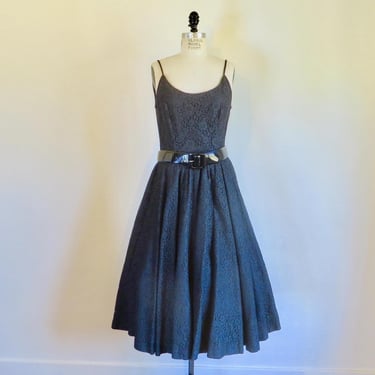 1950's Black Cotton Lace Fit and Flare Dress Spaghetti Straps Full Skirt Rockabilly Swing 50's Spring Summer Jonathan Logan 29" Waist Medium 