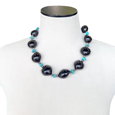 Vintage Lee Sands Black Kukui Nut & Turquoise Necklace, Hawaii Jewelry, Tiki Style Costume Jewelry, Gift for Her, Luau Accessories 