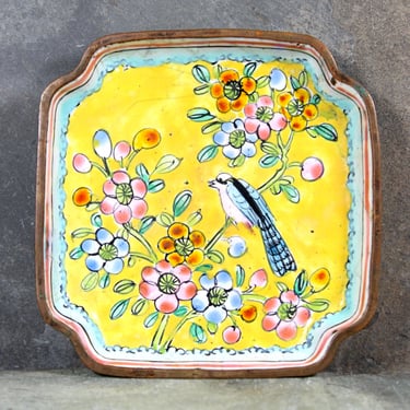 Antique Enamel Trinket Dish | Yellow and Blue Enamel Bird Coaster | Vintage Soap Dish | Vintage Asian Decor | Bixley Shop 