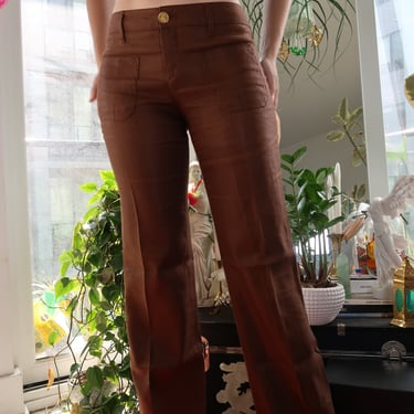 Gucci Silk & Hemp Pants – Brown Wide-Leg Trousers with Gold Button Detail