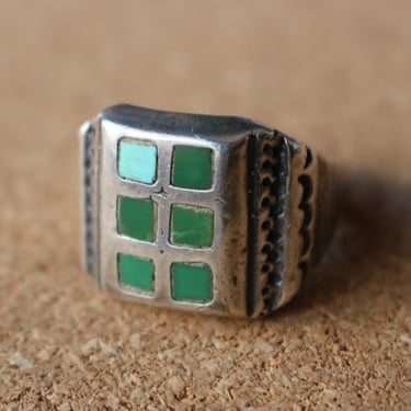 Turquoise Inlay RING /  Early Southwestern Signet Ring / Vintage Sterling Turquoise Ring Size 8 1/4 