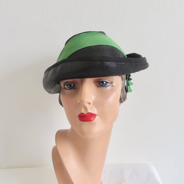 Vintage 1930's Small Brim Black Woven Straw Hat Green Ribbon Band Flapper Art Deco Fall Winter 30's Millinery Trixie Hats Size 23 