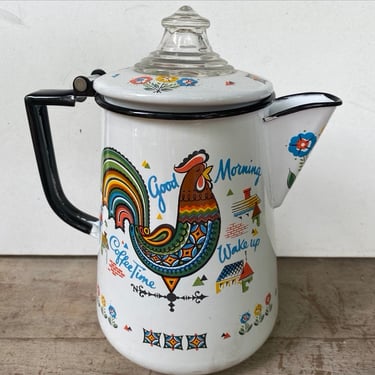 Berggren UNSIGNED Vintage Rooster Coffee Pot, Enamelware, Percolator, Coffee Time, Swedish Folkart, Farmhouse Decor, Good Morning 