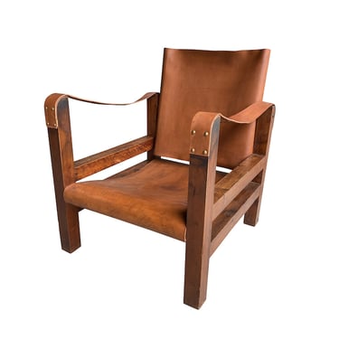 Safari Style Armchair in Leather, France, 1950&#8217;s