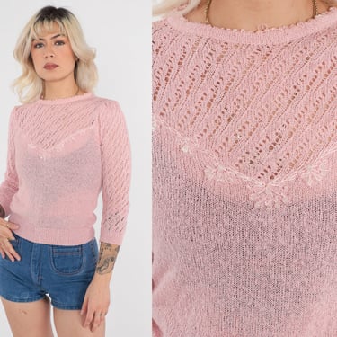 Sheer Pink Sweater 70s Beaded Pointelle Sweater Pastel Knit Pullover Boho Sweater 1970s Vintage Feminine Bohemian Sweater Extra Small xs 