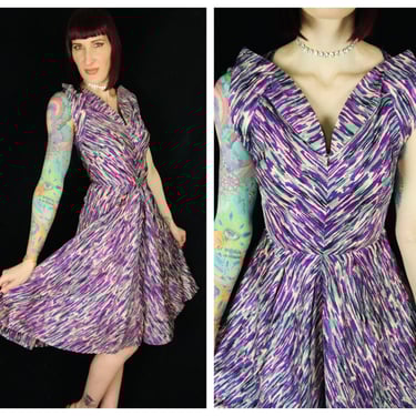 Vintage Late 1940's Purple & Green Chevron Striped Party Dress w/ Pointed Winged Bust - Size Small 