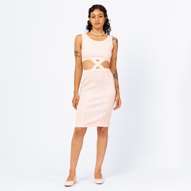 Vintage 80s Peach Cut Out Bodycon Dress - XS to Small | Sexy Ribbed Pastel Pink Sleeveless Fitted Mini Club Dress 