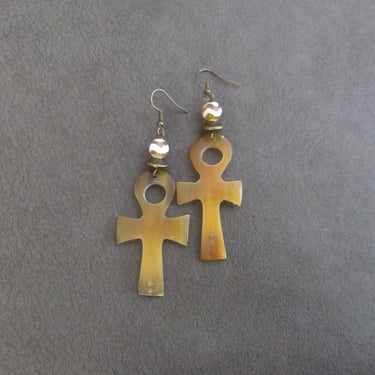 Ankh earrings, carved bone with yellow Tibetan agate 