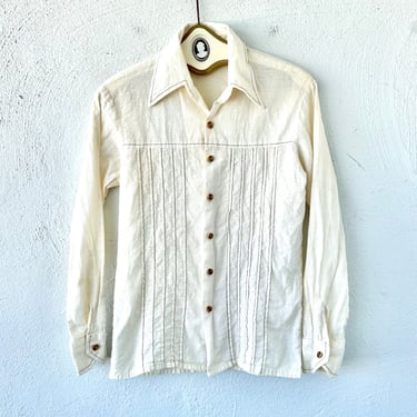 Vintage 60s 70s Hippie White Shirt Gauze Dagger Collar Jacket 