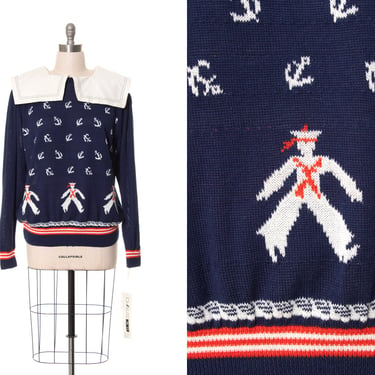Vintage 1980s Sweater | 80s DEADSTOCK with TAGS Nautical Sailor Novelty Knit Graphic Navy Blue Cotton Acrylic Long Sleeve Volup (x-large) 