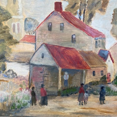 Antique Oil Painting Town By A River, African American People Walking On Road, Impressionistic, Possible Martha C Ferrell Painting, 14
