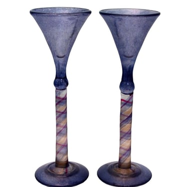 Eva Cully Signed Pair Blue Alsace Glasses Art Studio Glass V and VI with Swirled 