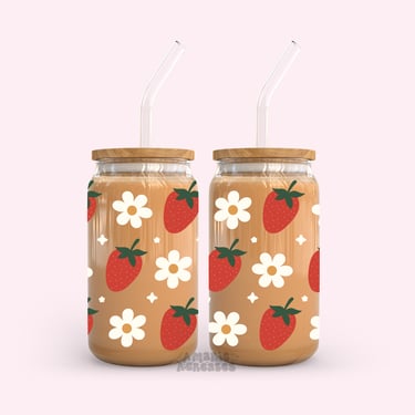 Strawberry Daisies Glass Cup