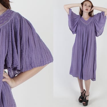 Purple Angel Sleeve Gauze Dress / Thin Big Slv Cotton Dress / Crochet Kimono Festival Grecian Midi Dress 