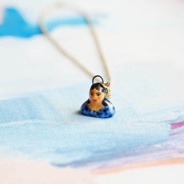 Mini Lady Pendant Necklace, Colorful Ceramics, Hand Sculpted Charm, Handmade Porcelain Pendant Charm, Gold Chain, Miniature Person Sculpture 