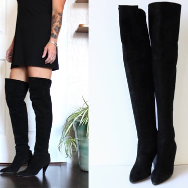 Maud Frizon Thigh High Suede Boots - Vintage Over The Knee Leather Boots with Mid Heels - Designer Shoes 