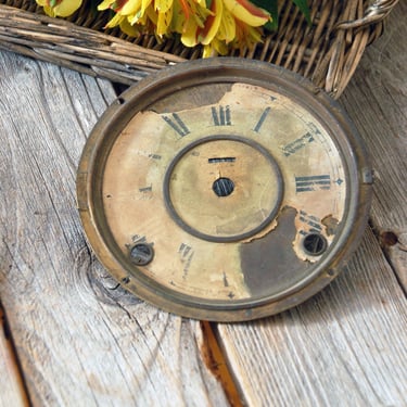 Antique clock face / vintage clock face  with Roman numerals / farmhouse decor / shabby chic / old industrial metal & paper clock face 