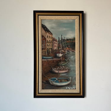 70's F. Rochelle Italian Village Corridor Harbor With Docked Boats Impressionist Oil Painting 