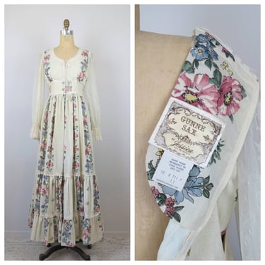 Vintage 1970s Gunne Sax dress, rare floral print, maxi, corset, lace, prairie 