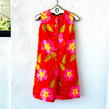 Vintage 60s 70s Flower Power Hawaiian Dress Hawaii Bright Floral 1960s Shift Mod Muumuu 