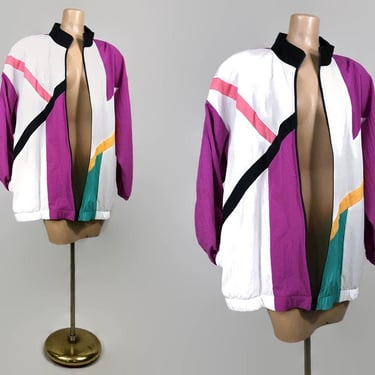 VINTAGE 80s 90s Geometric Color Block Windbreaker Jacket by Teddi Sport Plus Size 20 | 1980s 1990s Athletic Track Jacket | vfg 