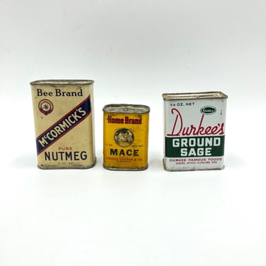 Vintage Spice Tins, Durkee's Ground Sage, Home Brand Mace, Bee Brand McCormick Nutmeg, Spice Containers, Sakers, Mid Century Retro Kitchen 